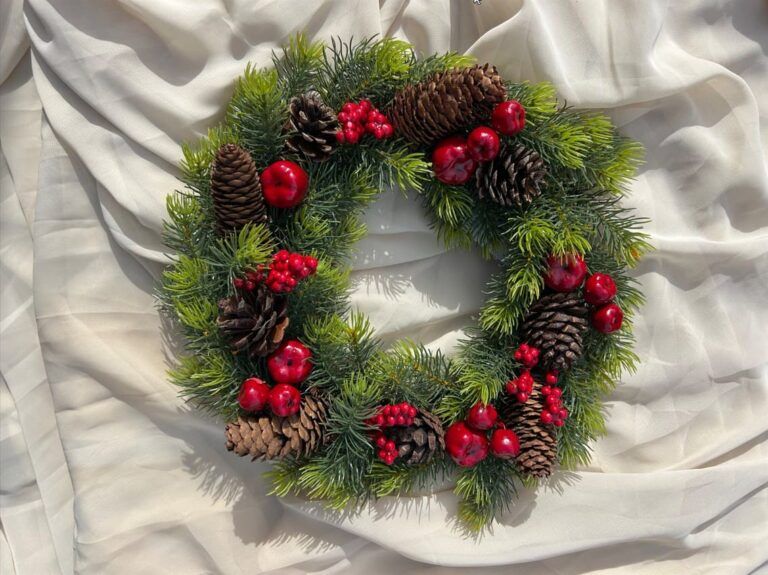Artificial Wreath With Red Berries and Pine Cones