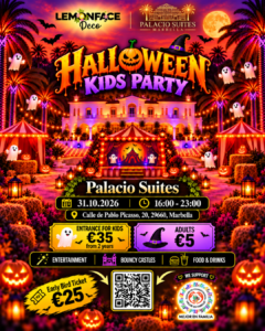 Halloween Kids Party poster by Lemonface Deco and Palacio Suites Marbella, 31 October 2026, 16:00–23:00